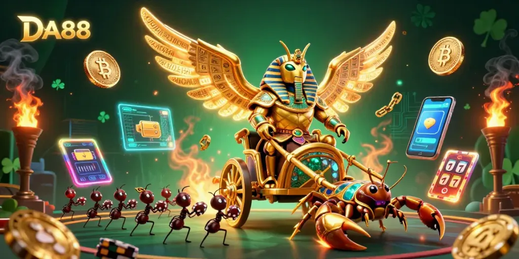 Engage in winnings with DA88 as the 3D scarab beetle leads a vivid casino adventure.