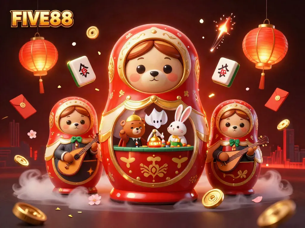 Engage in thrilling gameplay at FIVE88, showcasing a colorful 3D casino scene full of lively characters and gaming elements.
