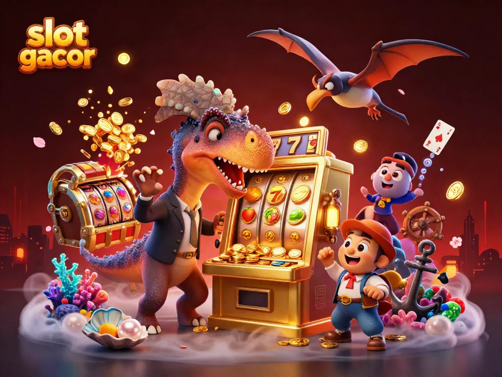 Menangkan slot gacor saat dinosaur 3D memukul mesin slot emas, mengeluarkan koin jackpot.