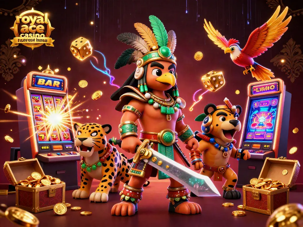 Experience the excitement of royal ace casino no deposit bonus with 3D characters amidst vibrant gaming elements.