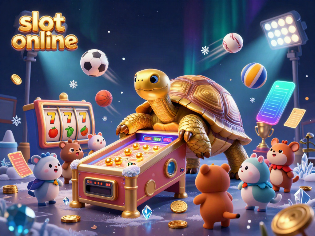 A vibrant scene depicting a colossal tortoise pinball machine with slot elements, illustrating slot online excitement.