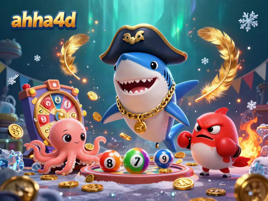 Engage with ahha4d's vibrant lottery scene featuring a playful pirate shark, boxing pufferfish, and gold-holding octopus.