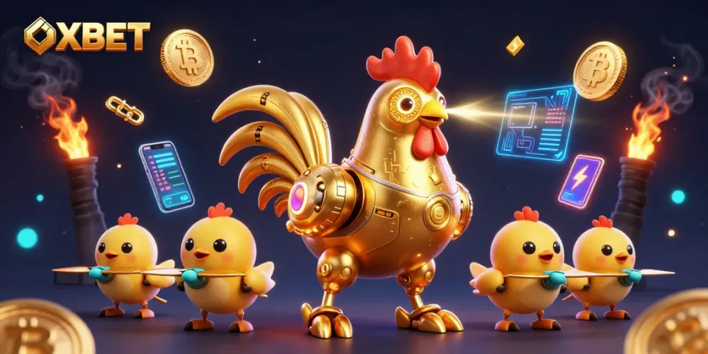Experience the thrilling world of OXBET with a futuristic golden rooster robot and baby chick drones in a vibrant casino scene.