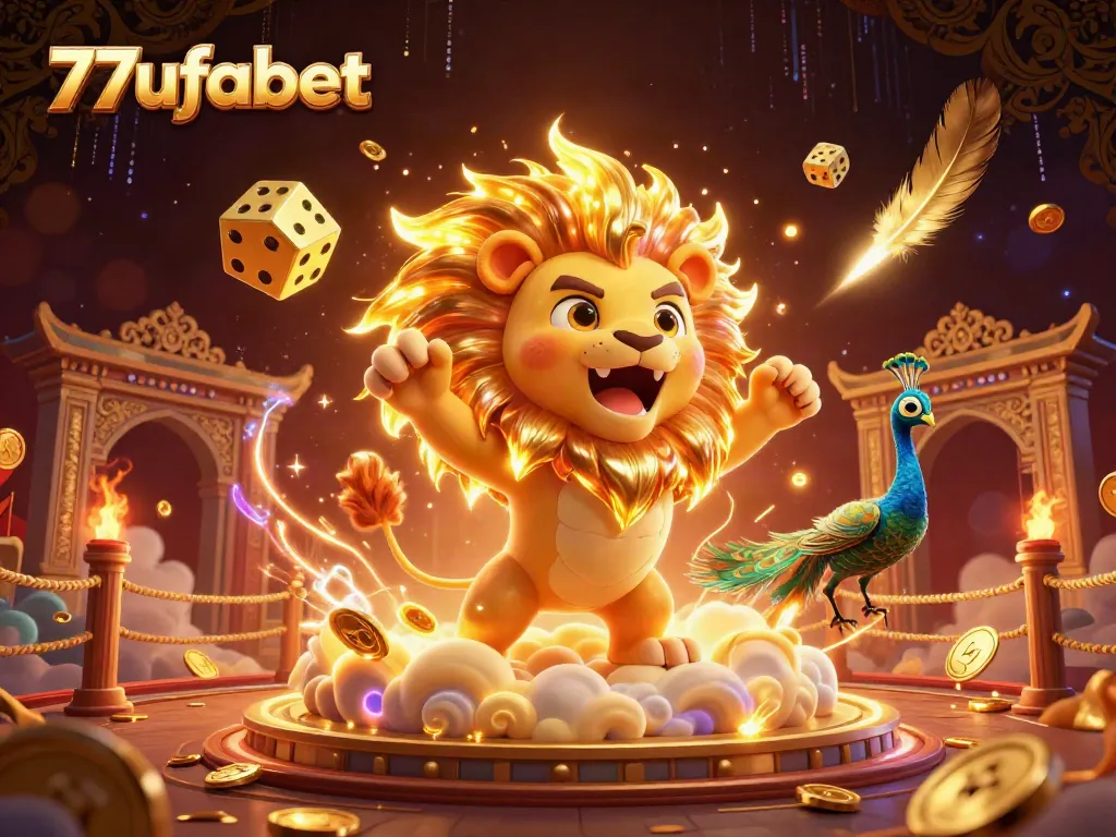 Experience vibrant energy with 77ufabet's iconic casino scene, featuring a triumphant sun lion and dynamic golden elements.
