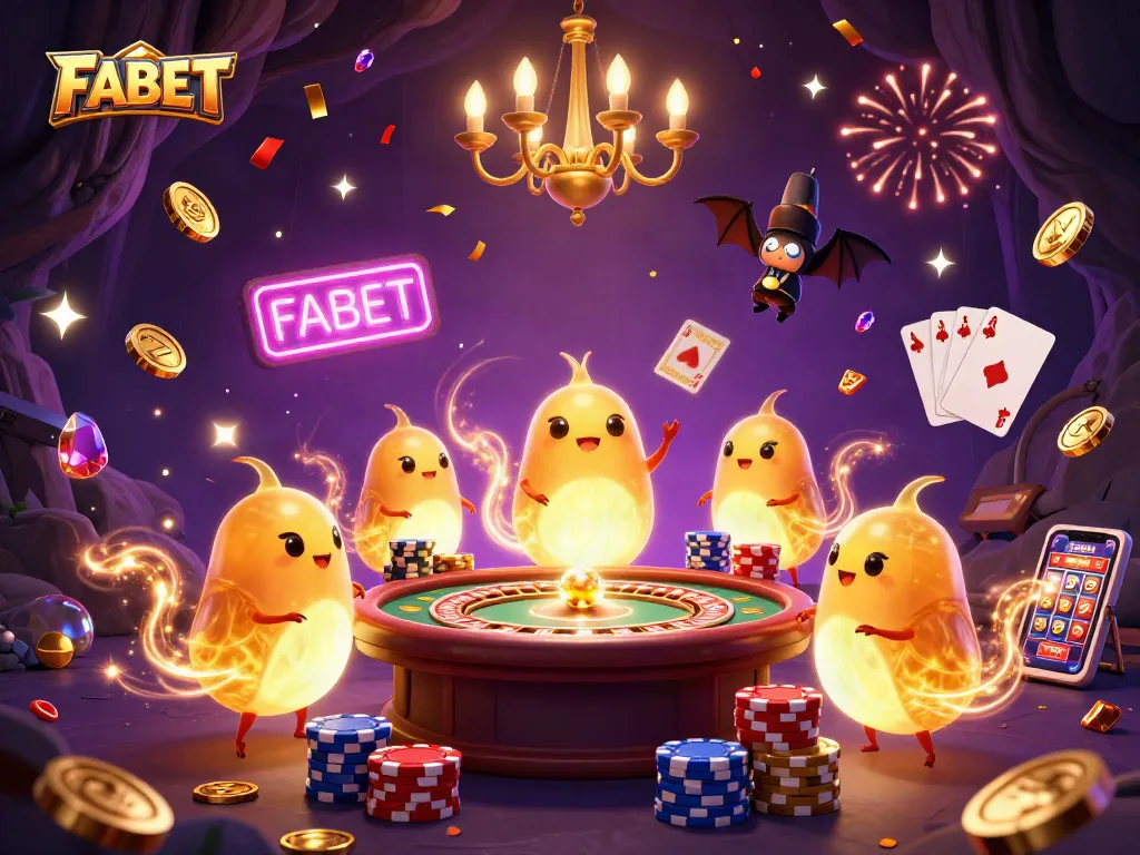 FABET illuminates the casino scene with glowing characters and vibrant game elements for players to engage.