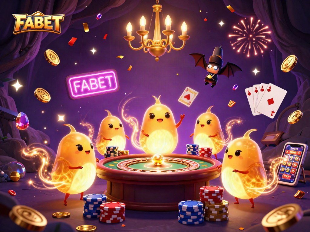 FABET illuminates the casino scene with glowing characters and vibrant game elements for players to engage.