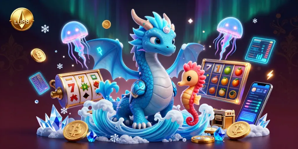 Experience the excitement of LU88 with a vibrant casino scene featuring a dragon, a seahorse knight, and thrilling slot elements.