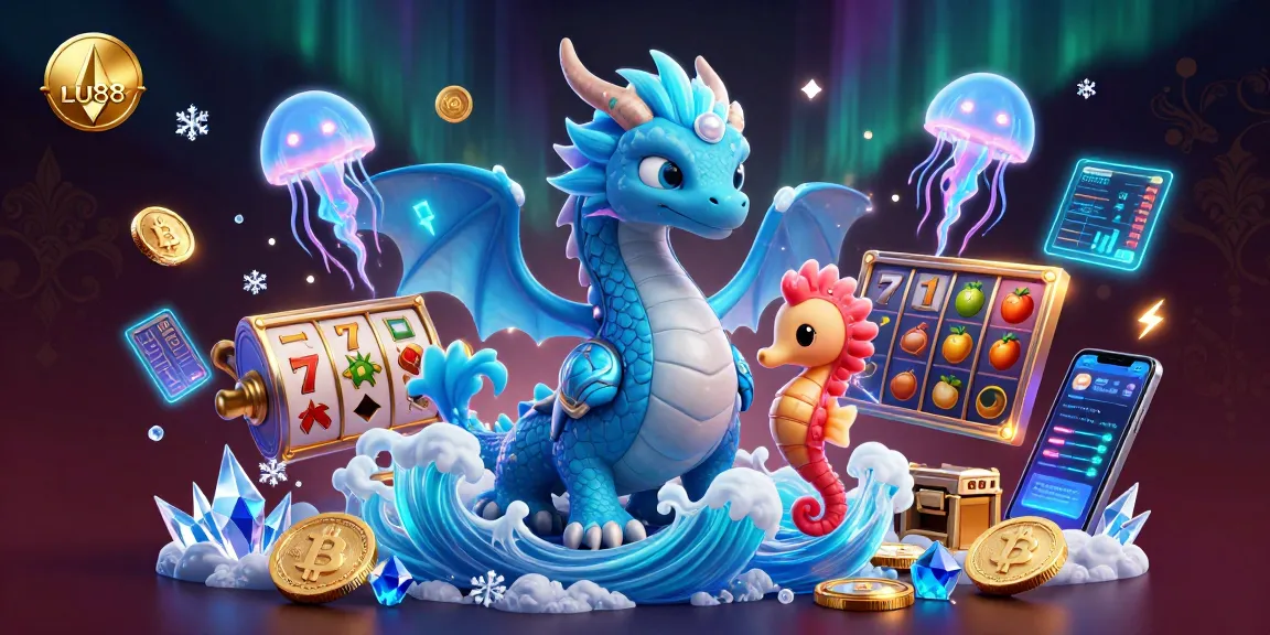 Experience the excitement of LU88 with a vibrant casino scene featuring a dragon, a seahorse knight, and thrilling slot elements.