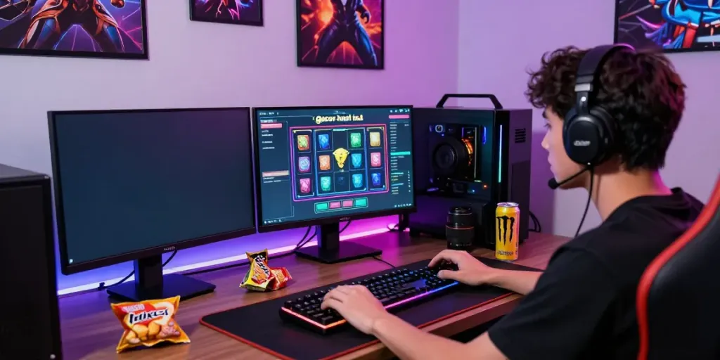 Player engaged in slot gacor hari ini gaming session with vibrant interface and RGB setup.