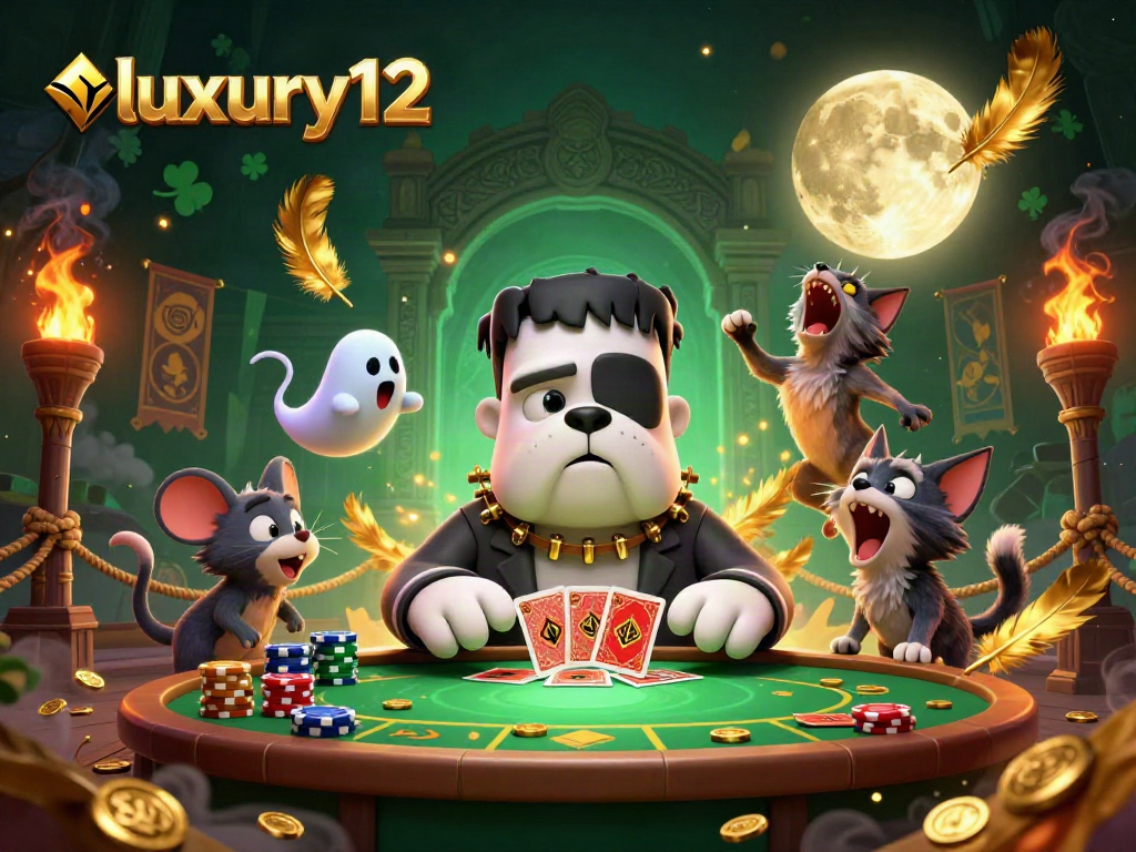 Experience luxury12 as the Frankenstein bulldog and friends deal cards at a eerie casino table.