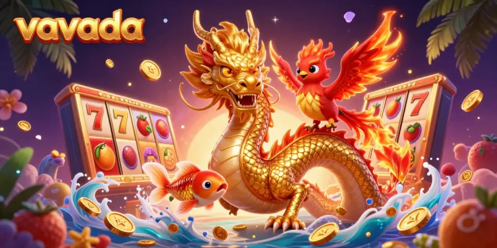 Experience the excitement of Vavada Casino as vibrant slot reels and a golden dragon electrify the gaming atmosphere.