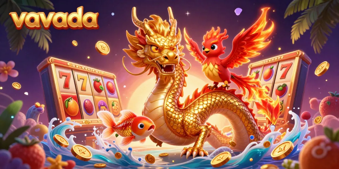 Experience the excitement of Vavada Casino as vibrant slot reels and a golden dragon electrify the gaming atmosphere.