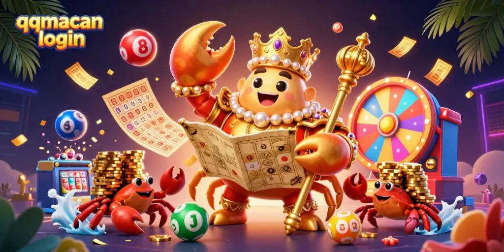 Experience the thrilling qqmacan login adventure with our vibrant lottery scene featuring a playful crab emperor.
