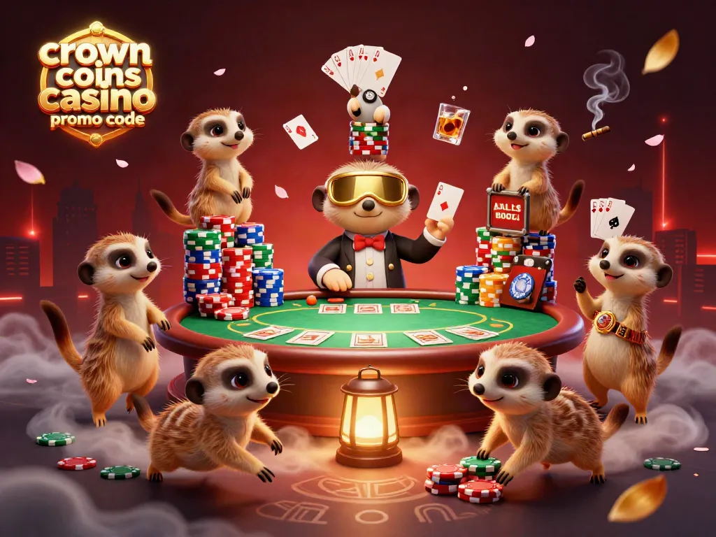 Play at Crown Coins Casino Promo Code with meerkats managing a vibrant casino.