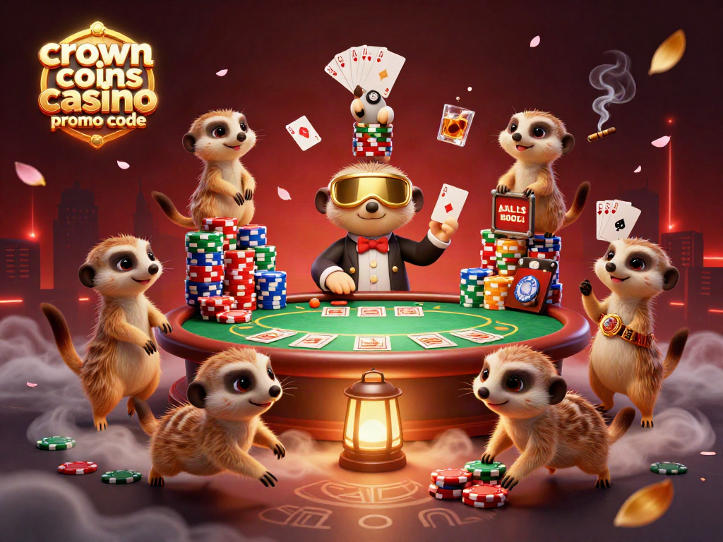 Play at Crown Coins Casino Promo Code with meerkats managing a vibrant casino.