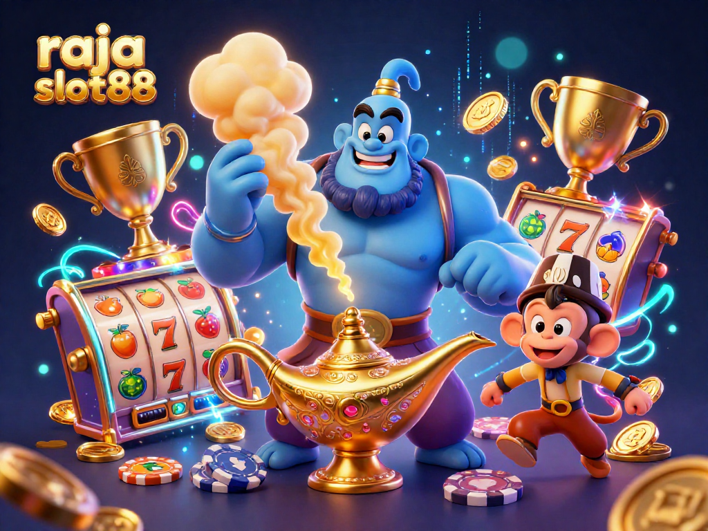 Experience thrilling wins at raja slot88 featuring an energetic genie and magical carpet in a vibrant slot scene.