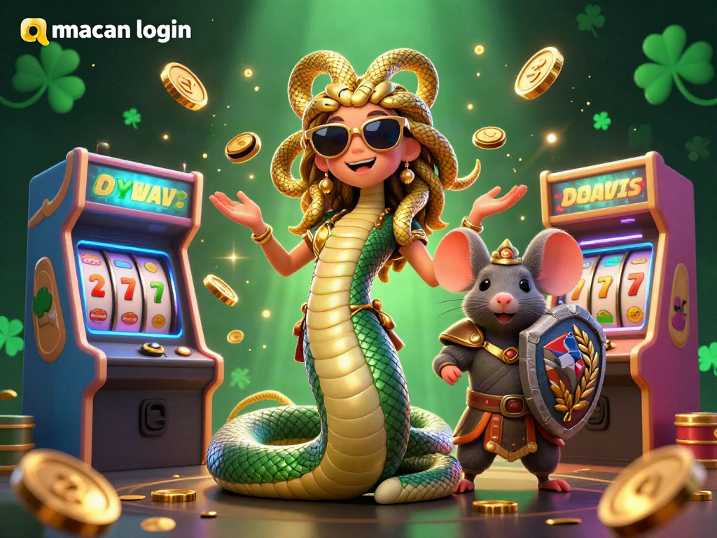 Engage with the lively scene featuring the qqmacan login Medusa and warrior mouse amidst colorful casino elements.