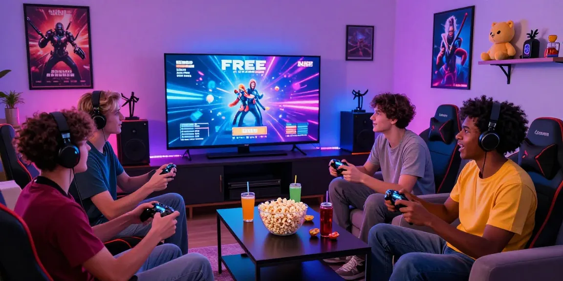 Group enjoying free sex game gameplay with vibrant LED lights and snacks.