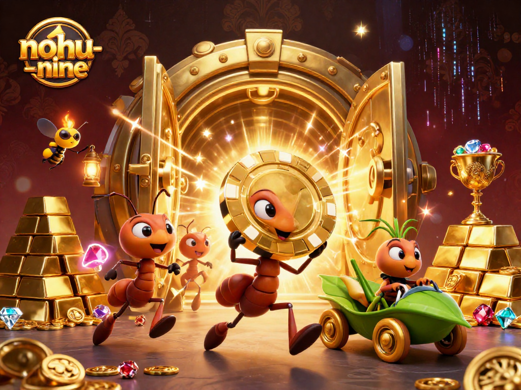 Navigate the exciting world of nohu-nine with an ant heist scene in a casino tunnel, showcasing golden poker chips.