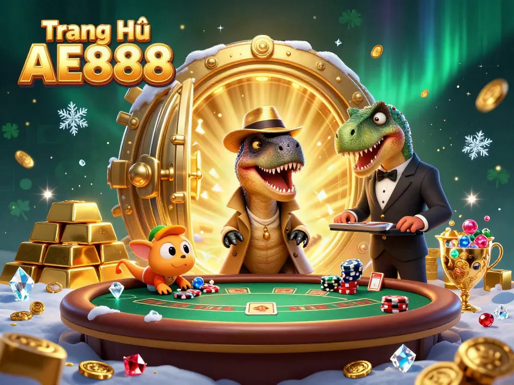 Engage in the thrill of Trang Chủ AE888 with clever velociraptors at a blackjack table, surrounded by treasures and excitement.