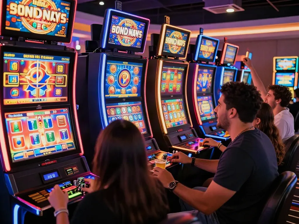Exciting slot gaming scene with players at vibrant machines in a lively casino environment.