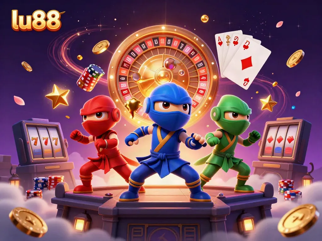 Experience thrilling gameplay at lu88 with a colorful ninja chameleon team amidst dazzling casino elements and rich visuals.