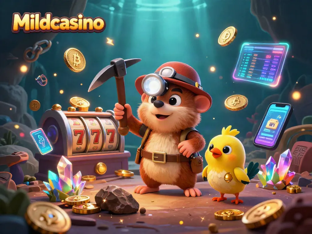 Mildcasino treasure hunter mole amidst glowing casino elements, exploring slot reels for big wins