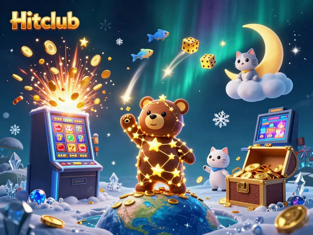 Experience jackpots at Hitclub with a cosmic bear scooping gold coins and vibrant casino elements.