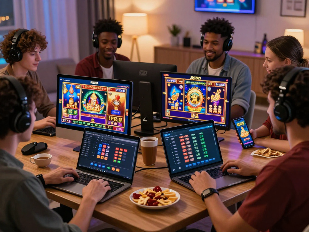 Players engaged in online gaming with nx303, showcasing vibrant slot games and real-time RTP data in a cozy setting.
