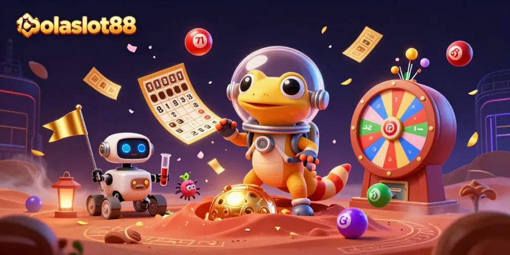 Engage with bolaslot88's vibrant digital casino world, featuring a Martian gecko discovering treasures.