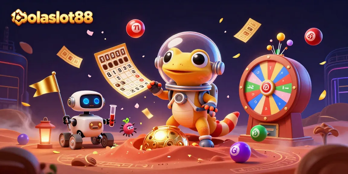Engage with bolaslot88's vibrant digital casino world, featuring a Martian gecko discovering treasures.