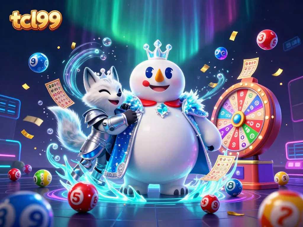 TCL99 online casino artwork showcasing a dynamic scene with lottery balls, a prize wheel, and enchanting characters.