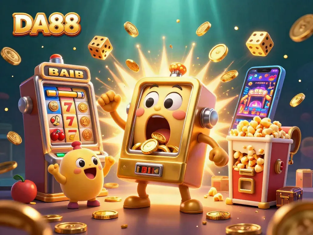 DA88 dazzles with a golden slot machine celebrating a jackpot amidst a flurry of coins and vibrant casino elements.