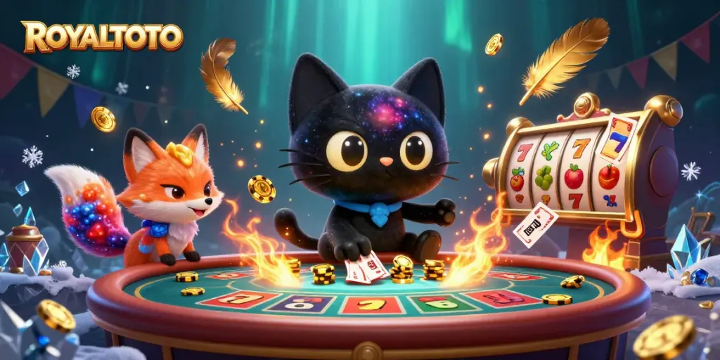 Engage in thrilling gameplay at ROYALTOTO, a vibrant cosmic casino with swirling golden chips.