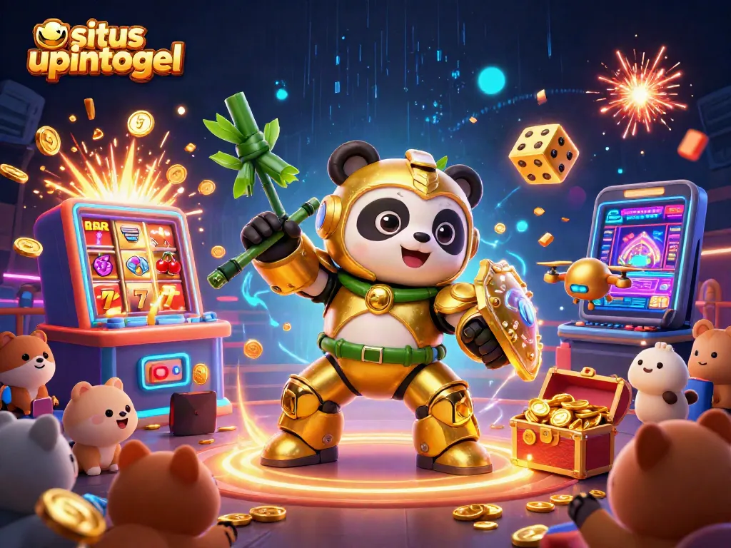 Situs upintogel menyajikan ilustrasi 3D berdetail tinggi dengan panda emas dalam robot tempur, di arena kasino.