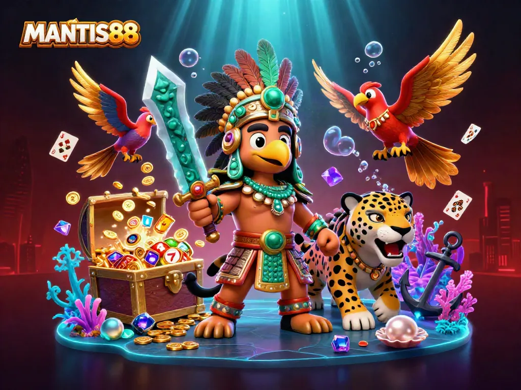 MANTIS88 showcases winning strategies with vibrant Aztec warriors and slot elements in a dynamic casino scene.