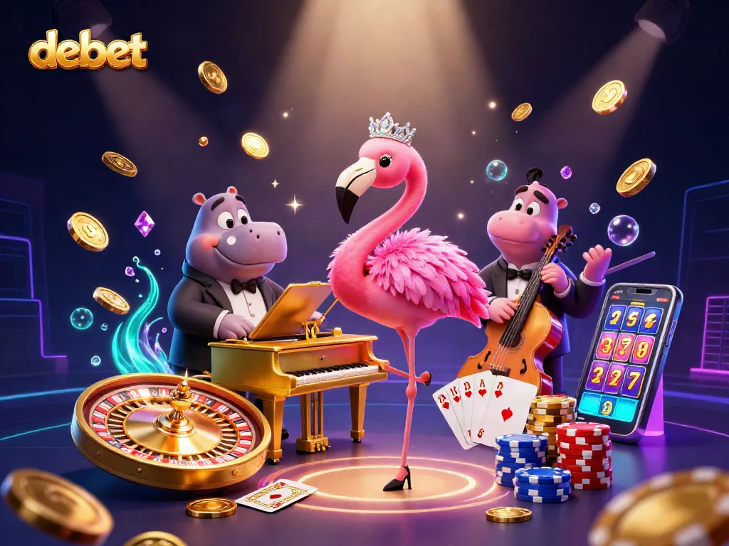 Enjoy a colorful casino experience with debet's vibrant characters in a dynamic 3D scene.