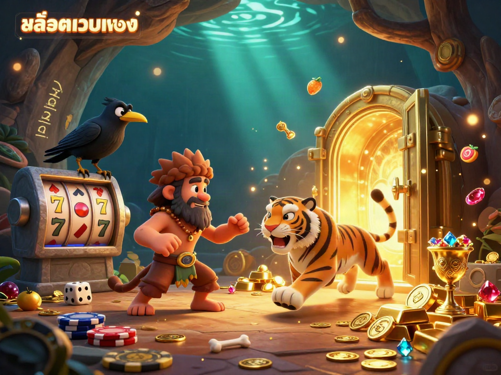 ภาพสล็อตเว็บตรงที่เต็มไปด้วยความสนุกสนานจากคาสิโนในยุคดึกดำบรรพ์ พร้อมลูกเต๋าและชิปโป๊กเกอร์ที่สร้างความตื่นเต้น