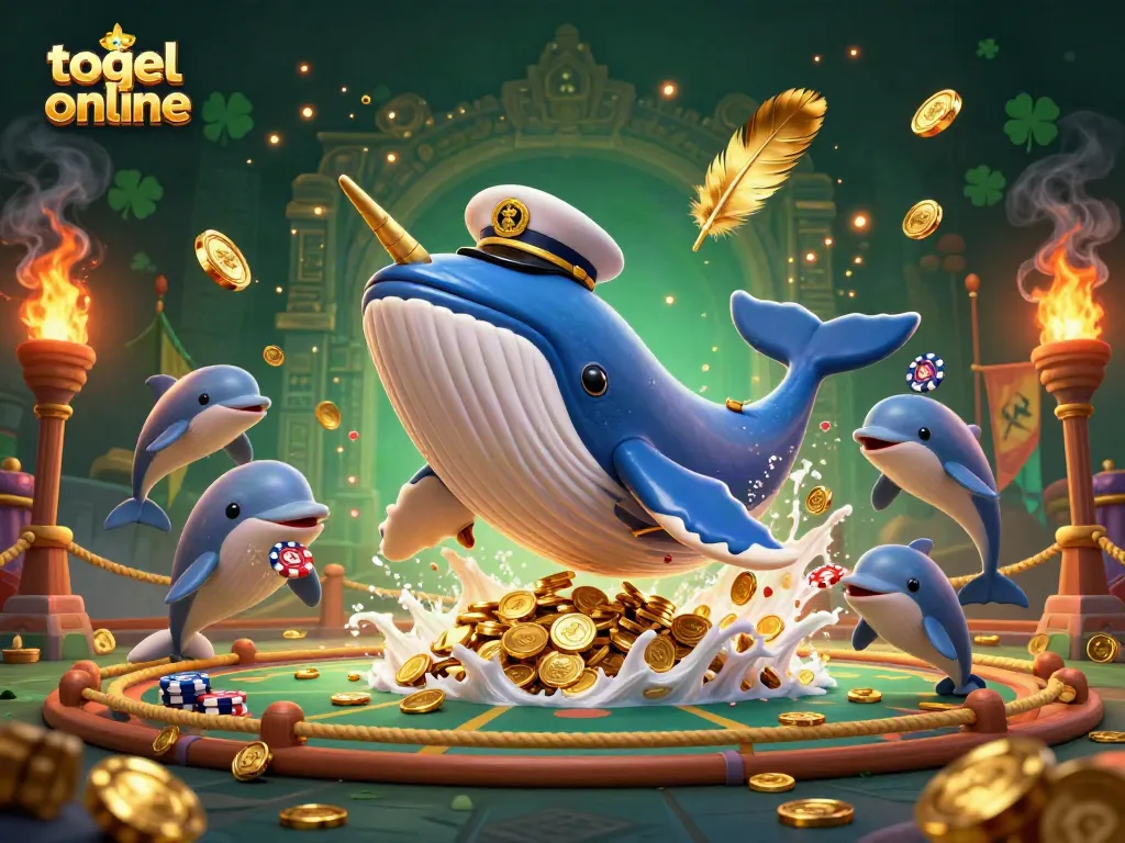 Mengoptimalkan pengalaman togel online dengan ilustrasi kartun 3D seekor paus besar, narwhal, dan lumba-lumba beraksi.