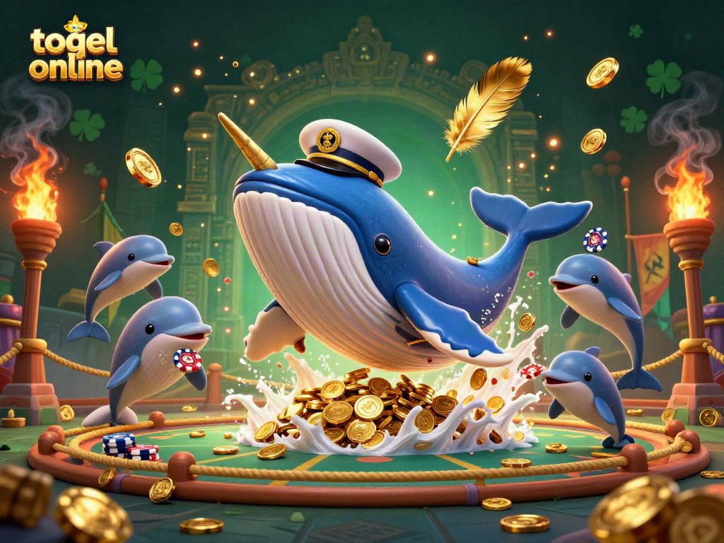 Mengoptimalkan pengalaman togel online dengan ilustrasi kartun 3D seekor paus besar, narwhal, dan lumba-lumba beraksi.