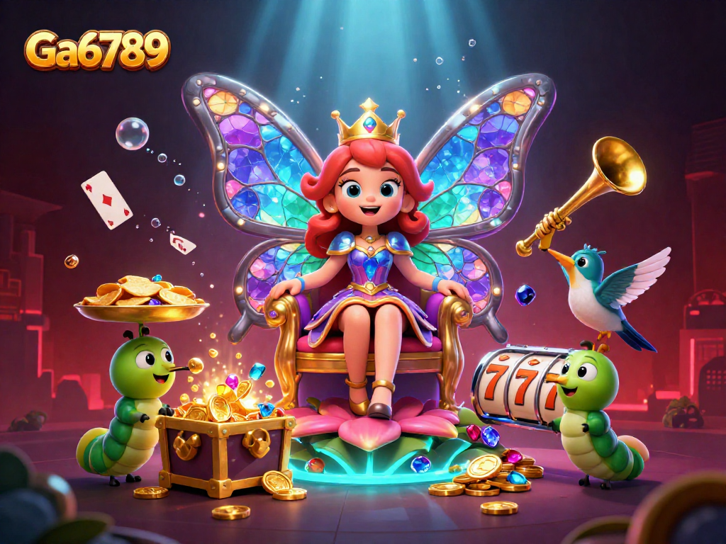 Engage with Ga6789 in a vibrant casino scene featuring a butterfly queen and slot reels.