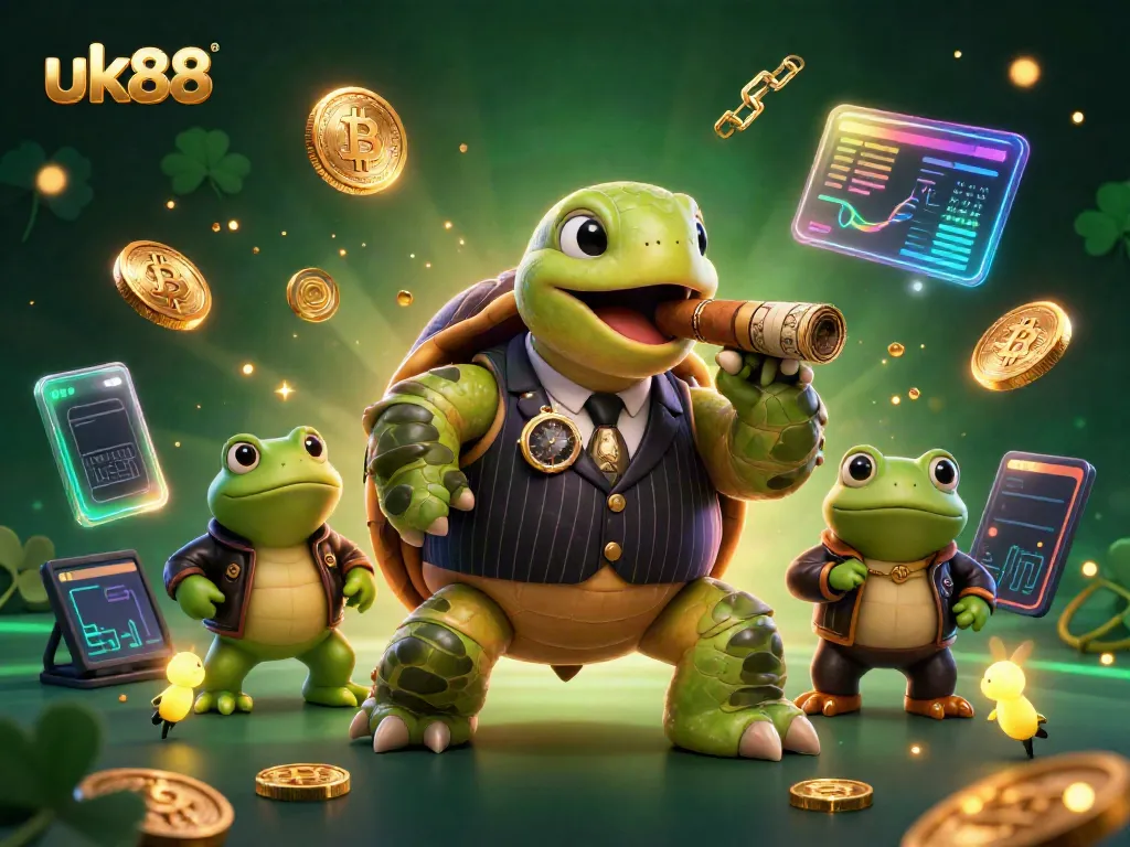 Engage with uk88 at this lively casino scene with a turtle mobster and bullfrog enforcers!