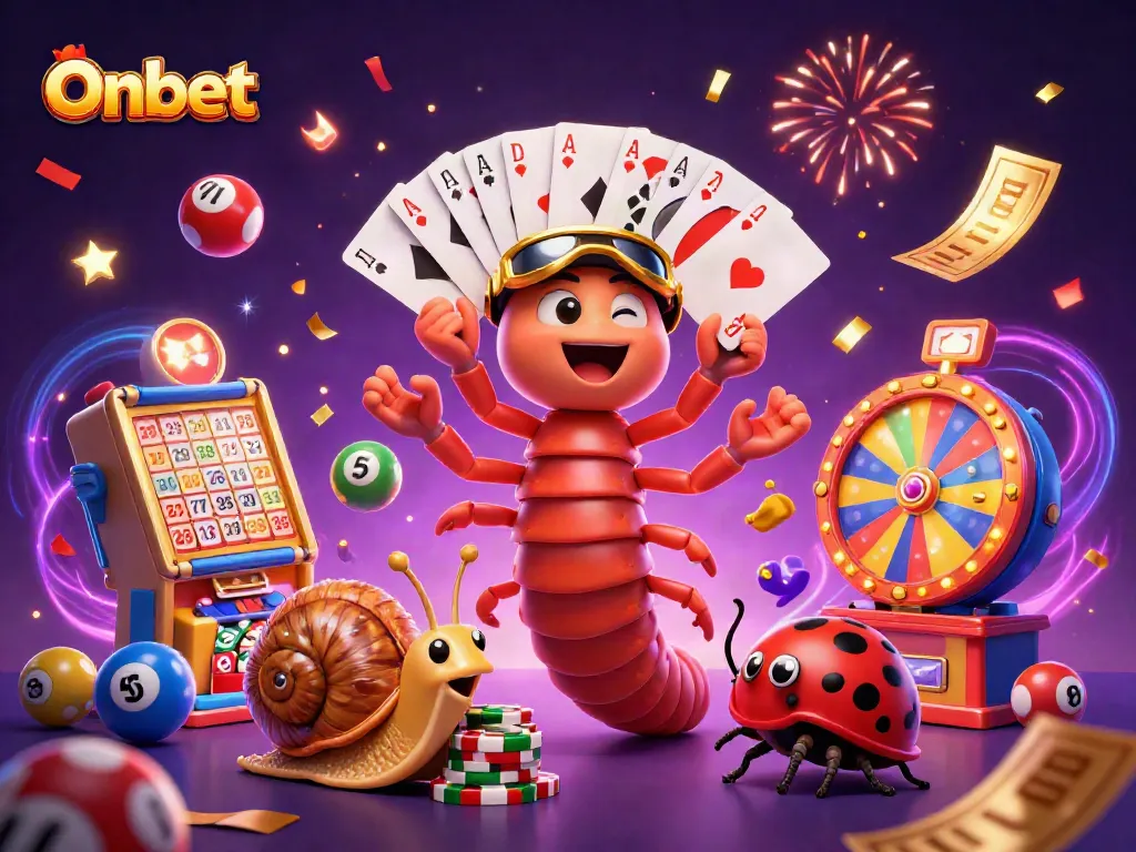 Experience thrilling fun with Onbet's colorful casino scene featuring vibrant characters and lottery elements.