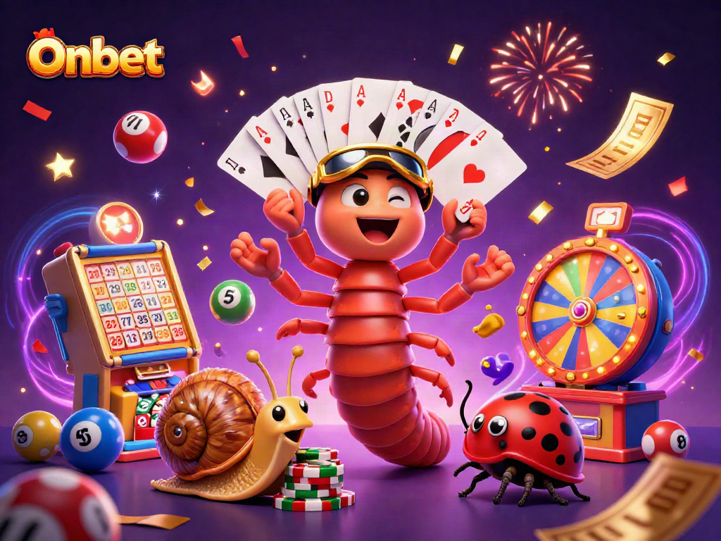 Experience thrilling fun with Onbet's colorful casino scene featuring vibrant characters and lottery elements.