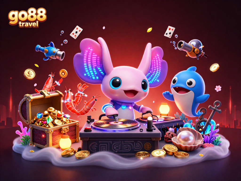 Engaging in lively gaming at go88 travel with a vibrant underwater DJ scene and festive elements.