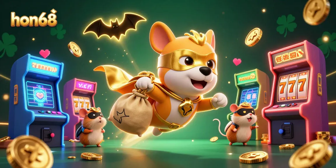 Experience the fun of hon68 with a vibrant 3D illustration showcasing casino characters and gaming elements.