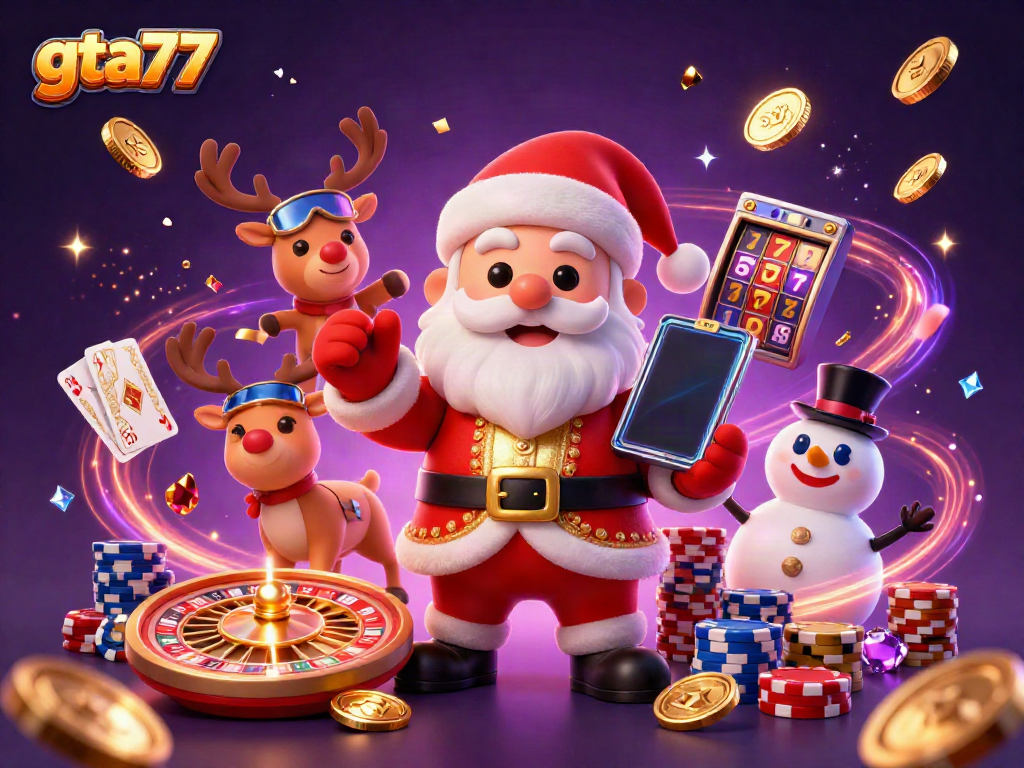 GTA77 menghadirkan suasana kasino dengan Santa Claus yang bergaya, rekan rusa, dan teman boneka salju, menampilkan slot jackpot dan koin terbang.