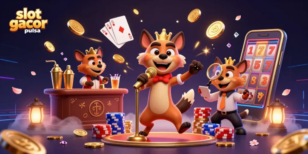 Engage with slot gacor pulsa at an animated comedy casino featuring hyenas and vibrant gaming elements.