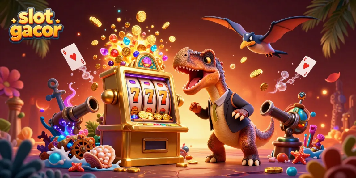Ilustrasi animasi 3D momen seru di slot gacor dengan dinosaurus dan mesin slot