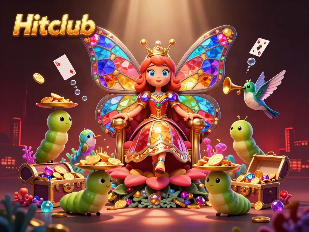 Experience the vibrant excitement of Hitclub with a 3D butterfly queen and treasures in a mesmerizing casino scene.